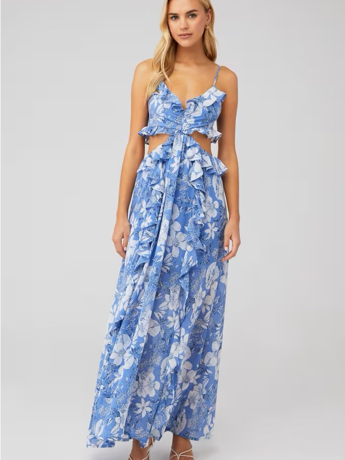 Astr Blue And White Floral Cutout Maxi Dress